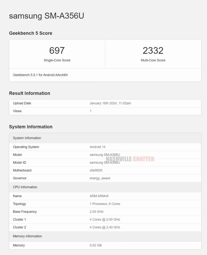 Galaxy A35, em especificações vazadas no Geekbench.