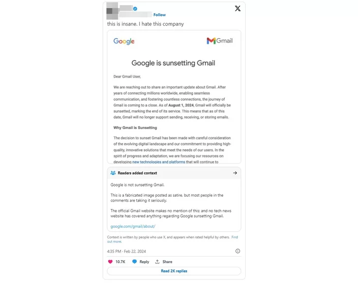 Conta no X posta o suposto aviso do fim do Gmail, mas recebe notas da comunidade refutando a informação falsa.